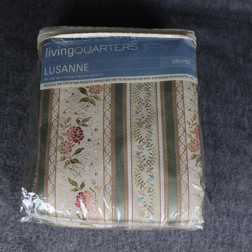 Living Quarters Lusanne Window Drapery Pair 84x84 Beige Floral Lined Rod Pocket